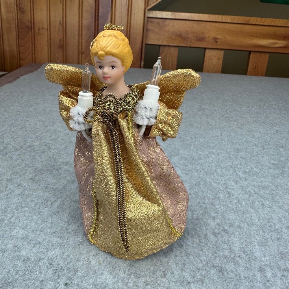 Vintage Lighted Porcelain Angel Christmas Tree Topper Gold Rose Brocade 10 Inch